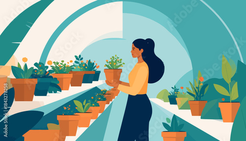 Woman tending plants in a greenhouse, holding a potted plant, in simple colorful art style