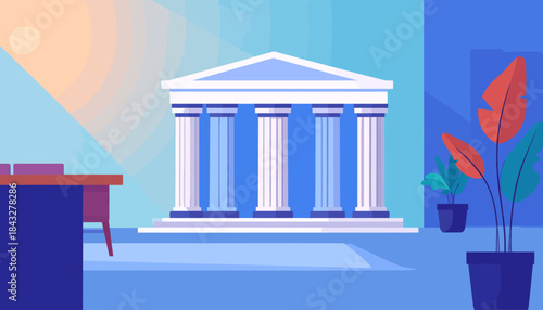 Vector art shows a building with columns, plants, and a desk, all in cool, flat colors and simple shapes
