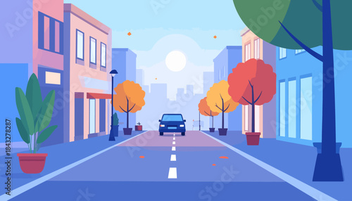 Vector art depicts a city street with a car, buildings, trees, a lamppost, and bright sky