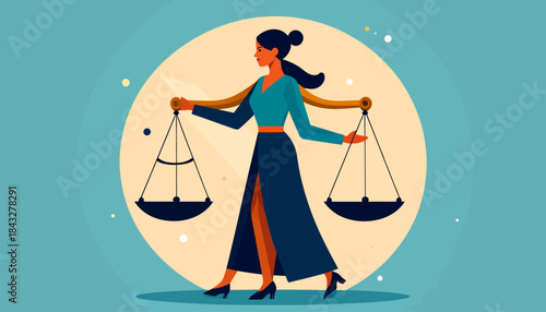 Woman with balance scales, stylized illustration in blue, tan, and orange
