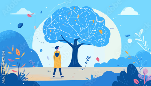 Woman walks towards a stylized tree with a network design against a pastel sky in a scenic stylized landscape