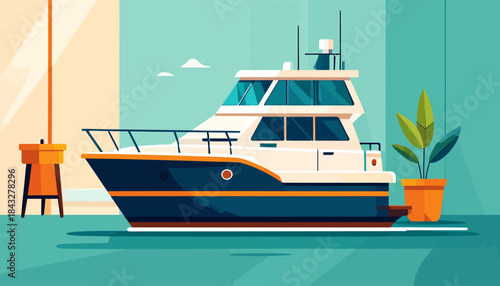 Vector art illustration of a yacht with interiors, sunlight, a plant, set on teal background, in flat style