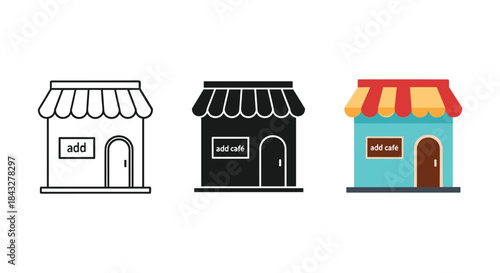 Set of three shop front designs with different colors and a sign