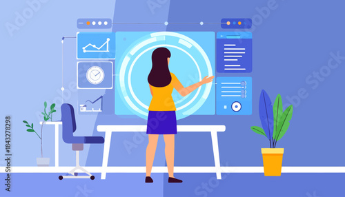 Woman views data on futuristic transparent screens in a blue office with plants