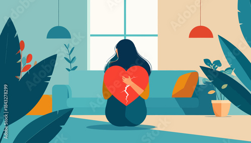 Woman with broken heart seated in a room with plants, sofa, window and lamps