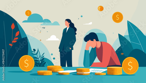 Worried people and piles of golden coins in a stylized outdoor scene depict financial difficulties, charts, and stress