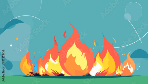 Vibrant stylized flames burst against a teal backdrop, atop a grassy ground, radiating heat