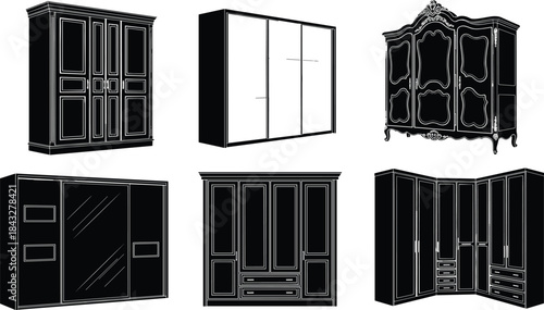 Elegant wardrobe furniture vector collection featuring classic, modern, and corner cabinet designs, detailed 