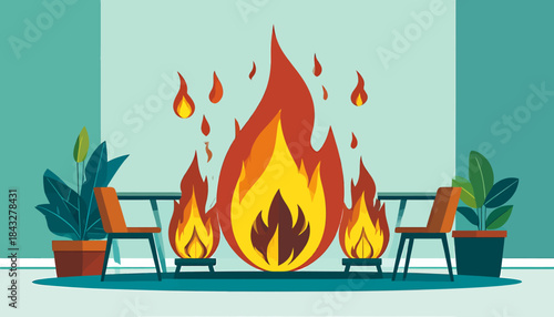 Vivid illustration of a cozy indoor scene with a fireplace, seating, and plants in pots