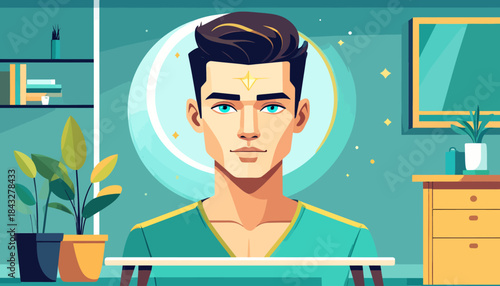 Vector portrait of a man with a golden star on his forehead in a flat style living room