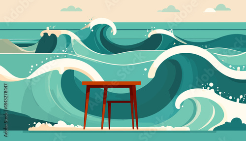 Waves crash behind a simple wood table at shore under cloudy sky, stylized and blocky