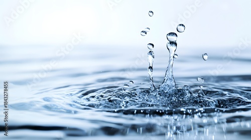 Photograph of water splash with translucent droplets against a serene blue background.