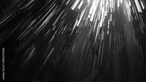 3D render of vertical, overlapping, white geometric shapes against a black background.