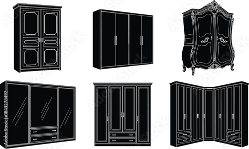 Elegant wardrobe furniture vector set featuring modern, classic, and corner cabinet designs, detailed black silhouettes perfect for interior design, home decor, and storage illustration