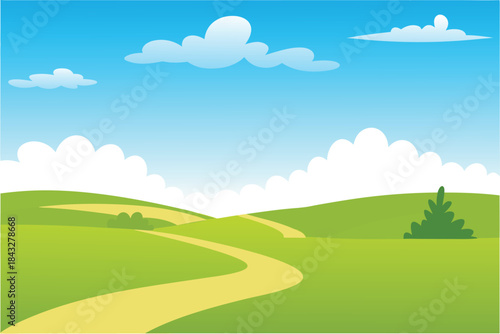 a cheerful landscape with a winding path green hills and a bright