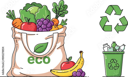 Fresh produce in eco bag with recycling symbols a sustainable lifestyle illustration on transparent background
