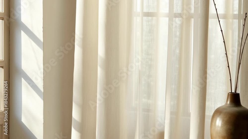 Room with white curtains swaying in gentle wind concept. Sunlight softly filters through sheer fabric, creating a tranquil atmosphere.
