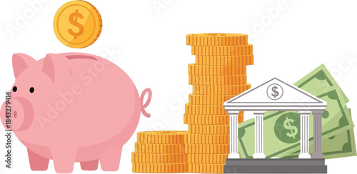 Pink piggy bank with gold coins stacks of cash and a bank building on transparent background
