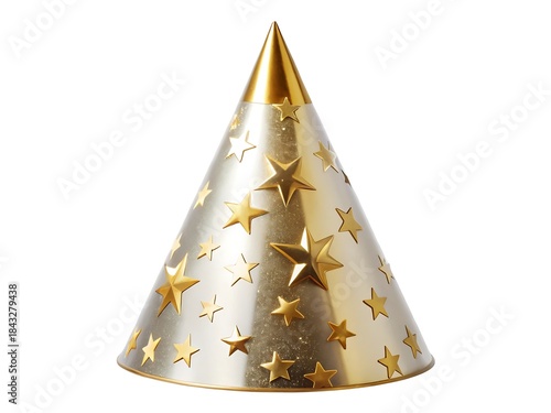 A festive golden party hat adorned with sparkling star patterns perfect for celebrations and special occasions