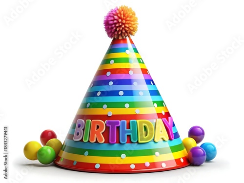 A vibrant rainbow striped birthday party hat adorned with colorful polka dots and the word birthday sits surrounded by small festive balloons on a white background