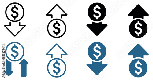 Money Increase and Decrease Icons Vector Set. Financial Growth and Decline Symbols for Business Analytics