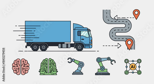 Blue Delivery Truck with Speed Lines Road Map Brains and Robotic Arms Illustration.