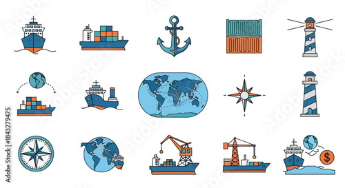 Collection of Colorful Maritime Icons Representing Shipping and Navigation.