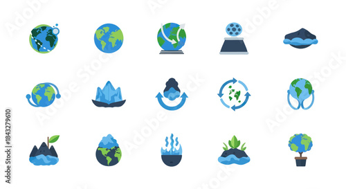 Collection of Earth Icons Representing Environmental Concepts and Ideas.