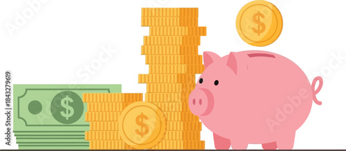 Stacks of coins a piggy bank and dollar bills displayed ideal for financial illustrations on transparent background