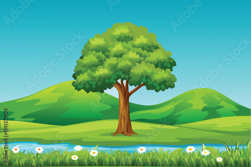a vibrant landscape featuring a lush green tree and gentle rolling hills high quality