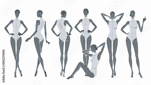 Set of Female Fashion Mannequin Figures in Various Poses. Vector Illustration Isolated.