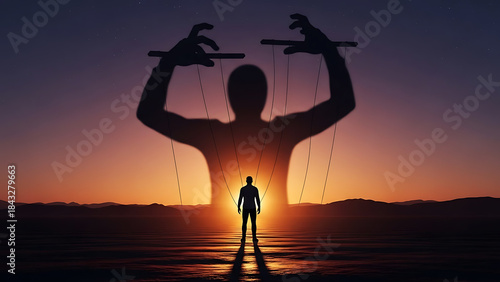 Puppet Master Shadow Manipulating Man Silhouette at Sunset, Psychological Game of Manipulation and Authority, illustrating helplessness and psychological struggles.
