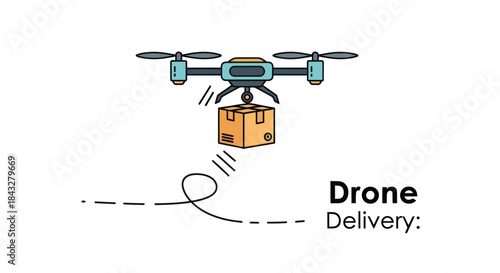 Illustrated quadcopter drone carrying a cardboard box for an autonomous delivery service.