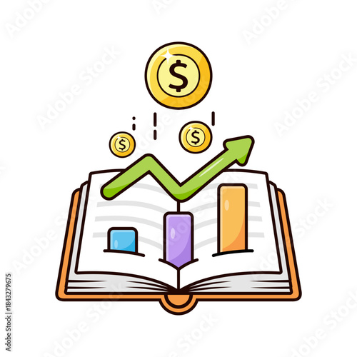 Financial Education Concept with Open Book, Growth Chart, and Dollar Coins Illustration
