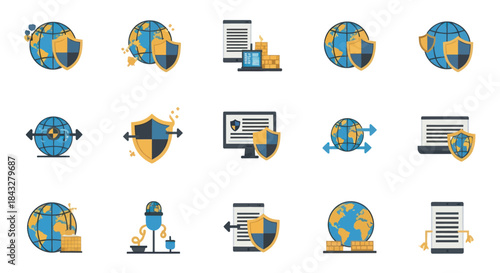 Global Data Security Icons: Earth with Shield Computer and Document Protection.