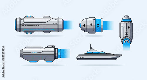 Futuristic Silver Vehicles with Blue Light Beams Including a Yacht.