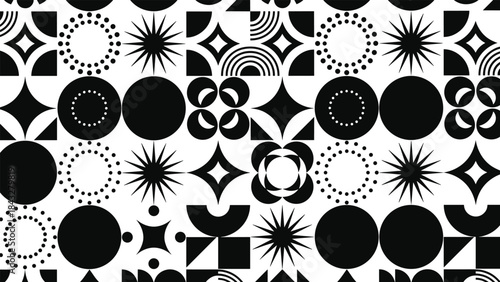 Geometric pattern grid, black and white, abstract shapes, circles, stars, arcs, symmetry, contrast, design elements, vector illustration