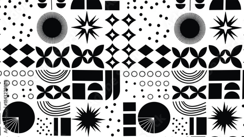 Geometric pattern symmetry, black shapes, white background, abstract design, circles, stars, arcs, diamonds, contrast, visual art, vector illustration