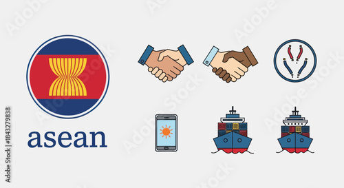 ASEAN Logo Handshake Ship and Smartphone Vector Icons Set.