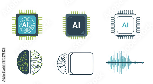 Collection of AI-Themed Icons Depicting Computer Chips and Brains.