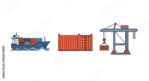 Global Cargo Shipping Elements: Container Ship Stacked Containers and Port Crane.
