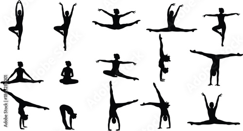 Yoga dance gymnast silhouettes, balance, stretch, split, handstand, meditation, flexibility, strength, fitness, body control, vector illustration, design