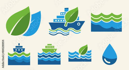 Eco-Friendly Maritime and Water Icons with Leaf Symbol.