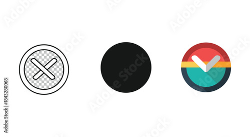 Set of three different circular icons with check and cross symbols