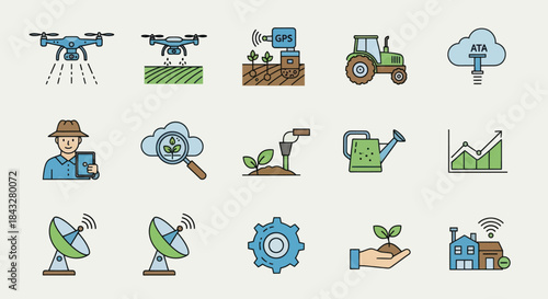 Smart Farming Technology Icons Set with Drones Tractors and Data.