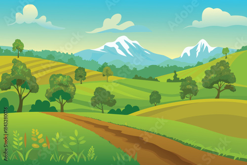 A vibrant cartoon landscape featuring rolling green hills a winding path and