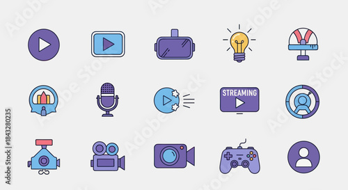 Colorful icon set for video content creation live streaming gaming and virtual reality.