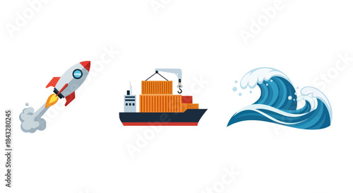 Rocket Launching Cargo Ship with Containers and Ocean Wave Illustration.