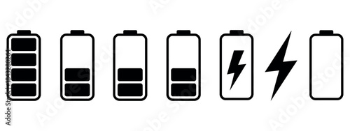 Monochrome Battery Charge Level Indicator Icons Set: Minimal Power Status and Charging Signs for Mobile UI