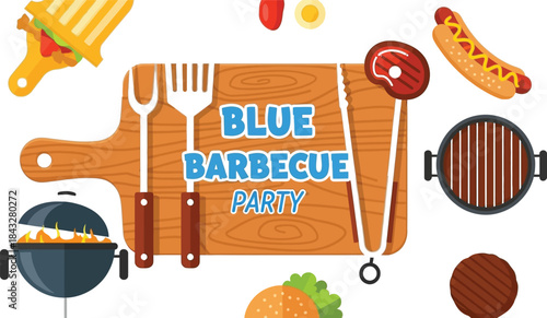 Colorful barbecue illustration featuring grilled food utensils and a wooden board on transparent background